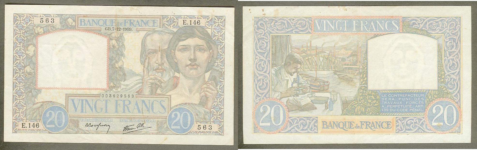 20 francs Science and Work 7.12.1939 VF+